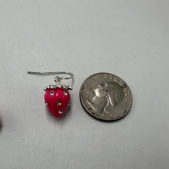 3/$30 Strawberry Dangle Earrings Pink Silver Tone Rhinestone Accents Fruit - Picture 8 of 11